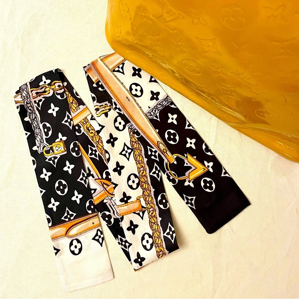 Elegant AccentBandeau Silk Twilly Scarf in Yellow Monogram Pattern
